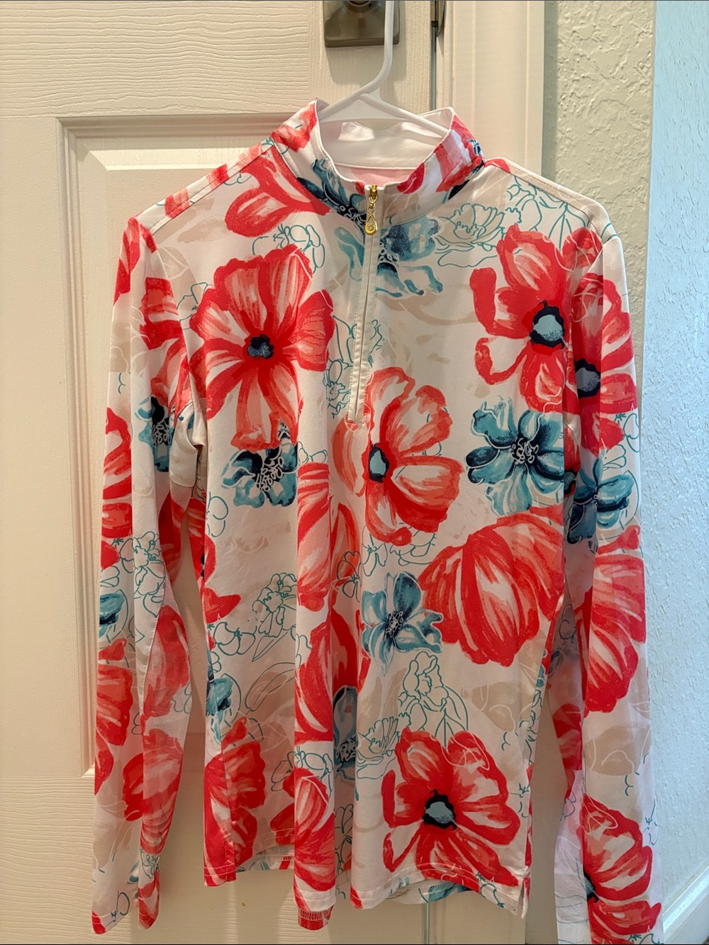 Women's Floral Half-Zip Long Sleeve Top - Coral & Teal